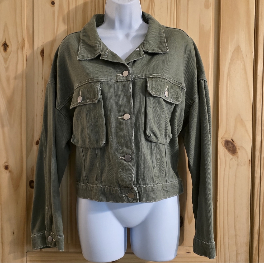 Hayden Cropped Oversized Cargo Denim Jacket Olive Green Large EUC
